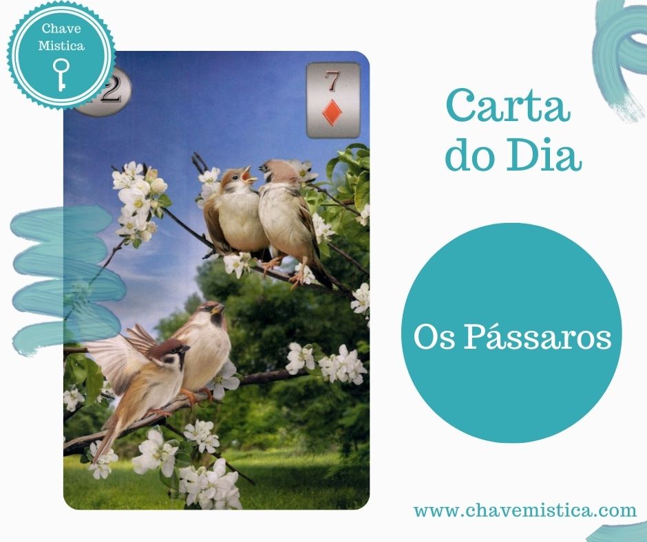 Carta Tarot para 20-02-2025 Os Pássaros Os pássaros carregam muito a liberdade interior que nós temos, não a Liberdade de sermos libertinos. Traz aquela mensagem de que somos importantes numa relação, na vida onde temos alguém que depende de nós, mas necessitamos de ser livres de espírito, livres do coração para não nos sentirmos presos ou numa obrigação. As coisas devem ser feitas com coração pois quando fazemos as coisas com amor não estamos presos, mas sim livres de tudo aquilo que nos faz mal. Taróloga Jacinta www.chavemistica.com