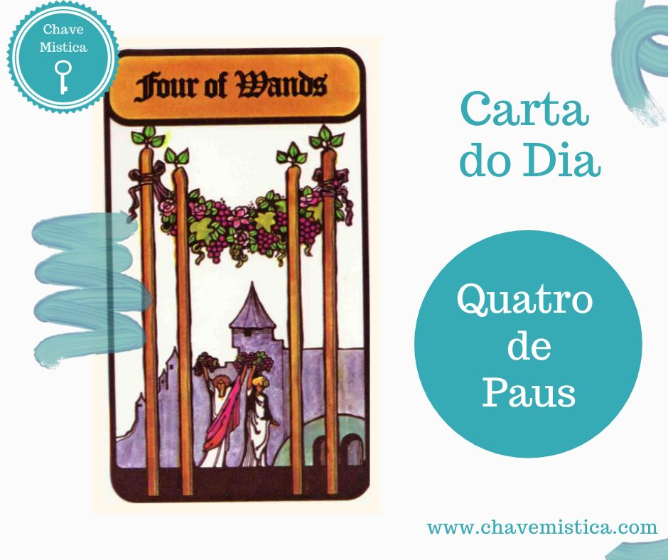 Carta Tarot do dia 30-06-2025 Quatro de Paus Celebre o que já construiu e reconheça as suas vitórias, mesmo que sejam pequenas. Valorize o presente! O esforço já deu frutos. Taróloga Silvia www.chavemistica.com